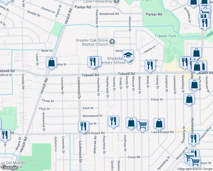 map of restaurants, bars, coffee shops, grocery stores, and more near 9406 Heatherside Street in Houston