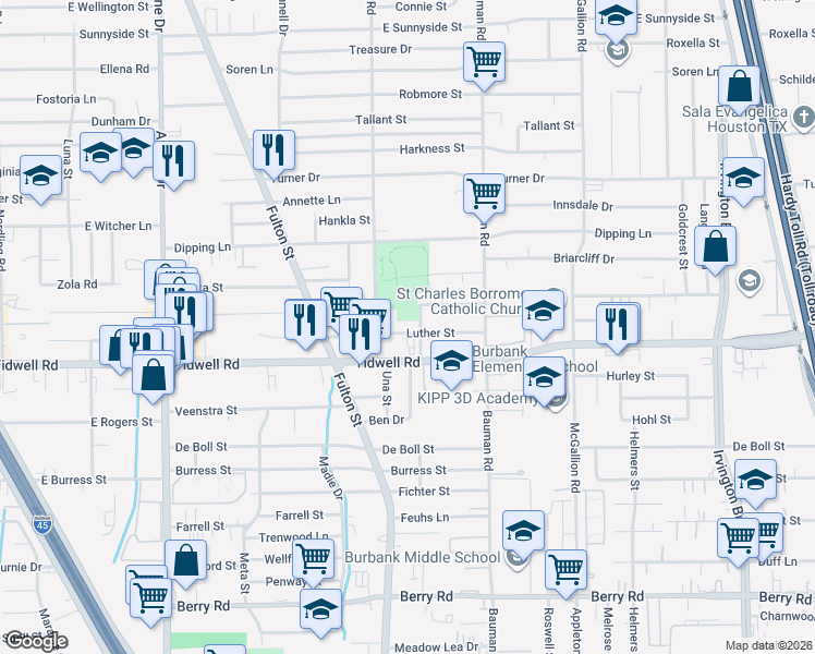 map of restaurants, bars, coffee shops, grocery stores, and more near 169 Luther Street in Houston