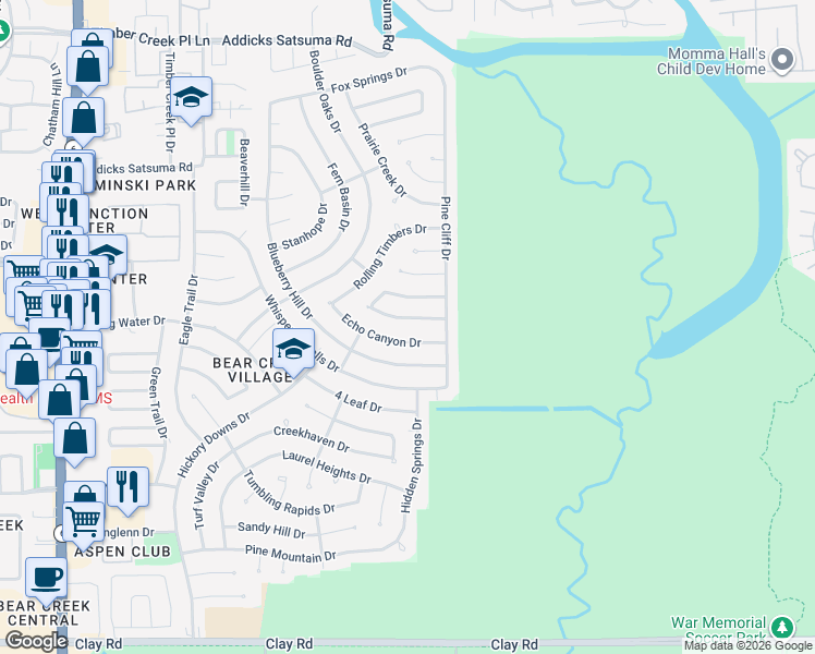 map of restaurants, bars, coffee shops, grocery stores, and more near 15707 Cascade Point Drive in Houston