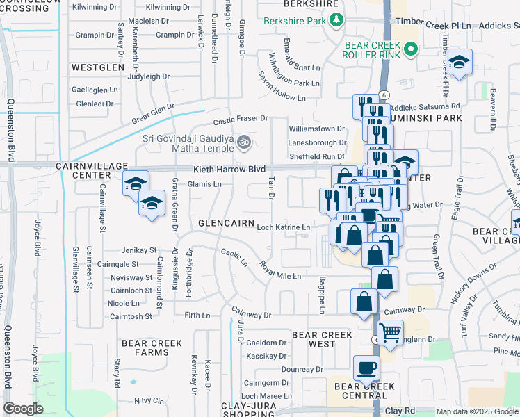 map of restaurants, bars, coffee shops, grocery stores, and more near 16627 Ben Ledi Drive in Houston