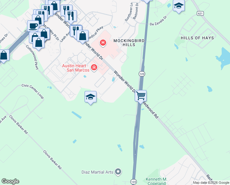 map of restaurants, bars, coffee shops, grocery stores, and more near 1428 Wonder World Drive in San Marcos