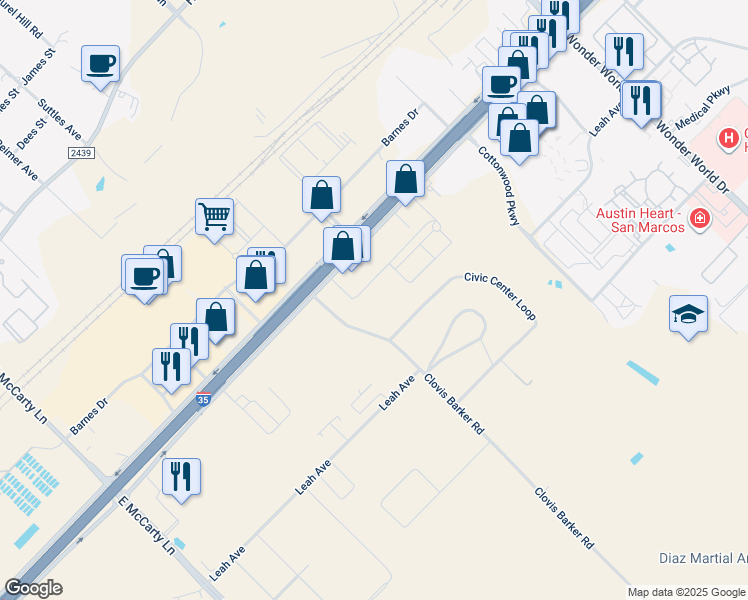map of restaurants, bars, coffee shops, grocery stores, and more near 2585 Interstate 35 in San Marcos