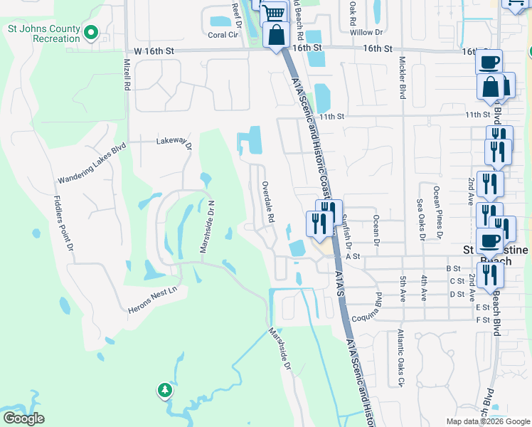 map of restaurants, bars, coffee shops, grocery stores, and more near 435 High Tide Drive in St. Augustine