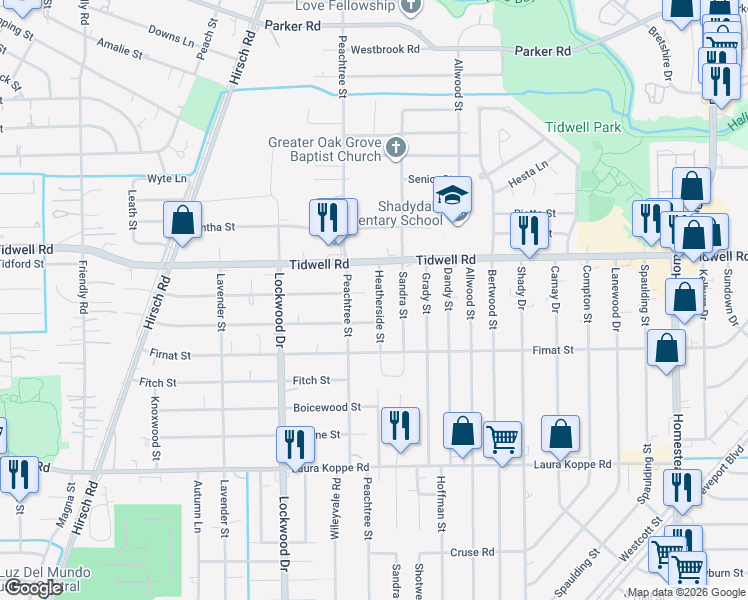 map of restaurants, bars, coffee shops, grocery stores, and more near 9406 Heatherside Street in Houston