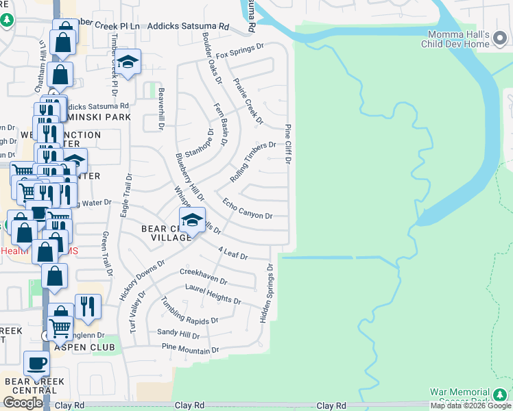 map of restaurants, bars, coffee shops, grocery stores, and more near 15707 Cascade Point Drive in Houston