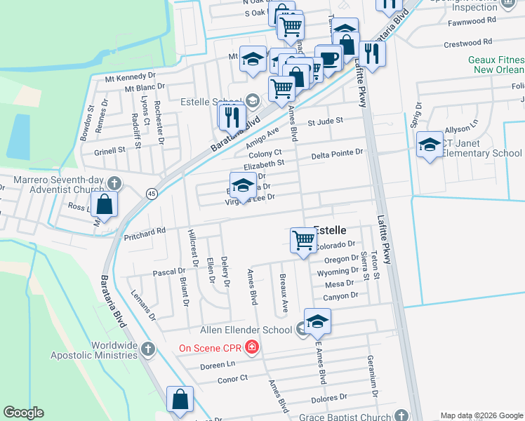 map of restaurants, bars, coffee shops, grocery stores, and more near 2816 Pritchard Road in Marrero