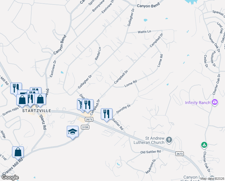 map of restaurants, bars, coffee shops, grocery stores, and more near 255 Campbell Drive in Canyon Lake