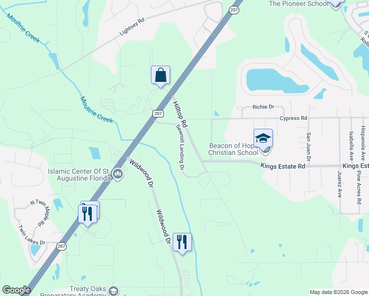map of restaurants, bars, coffee shops, grocery stores, and more near 287 Sawmill Landing Drive in St. Augustine