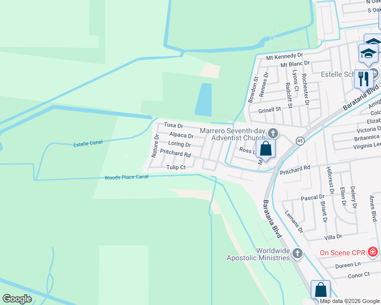 map of restaurants, bars, coffee shops, grocery stores, and more near 5321 Pritchard Road in Marrero