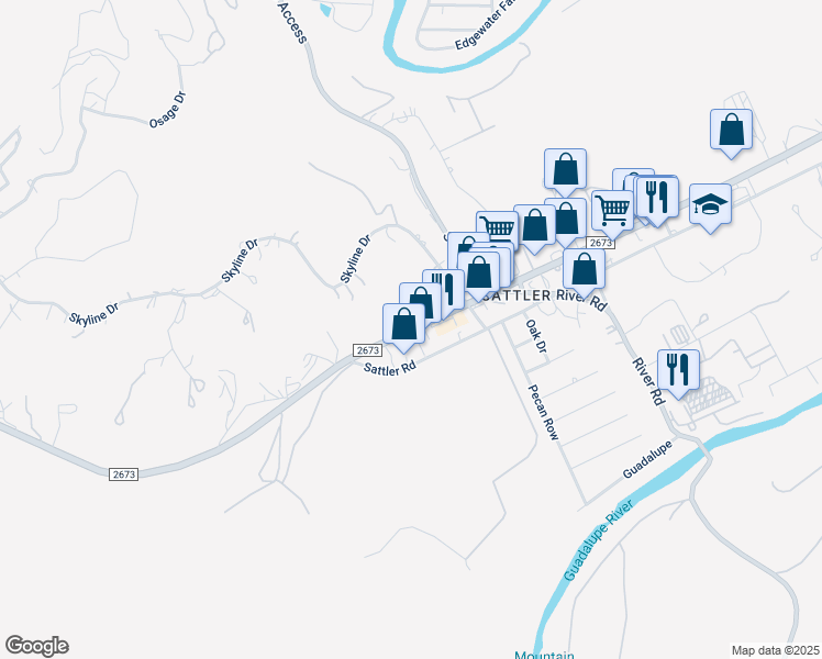 map of restaurants, bars, coffee shops, grocery stores, and more near 1928 Farm to Market Road 2673 in Canyon Lake