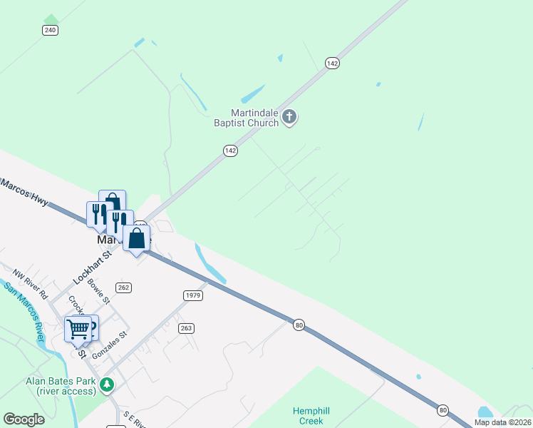 map of restaurants, bars, coffee shops, grocery stores, and more near 133 San Diego Lane in Martindale