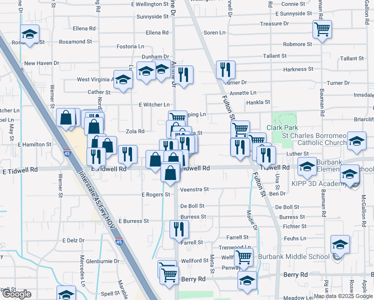 map of restaurants, bars, coffee shops, grocery stores, and more near 19 Tidwell Road in Houston