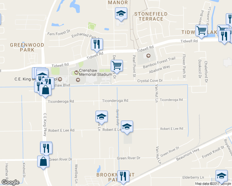 map of restaurants, bars, coffee shops, grocery stores, and more near 12739 Ticonderoga Road in Houston
