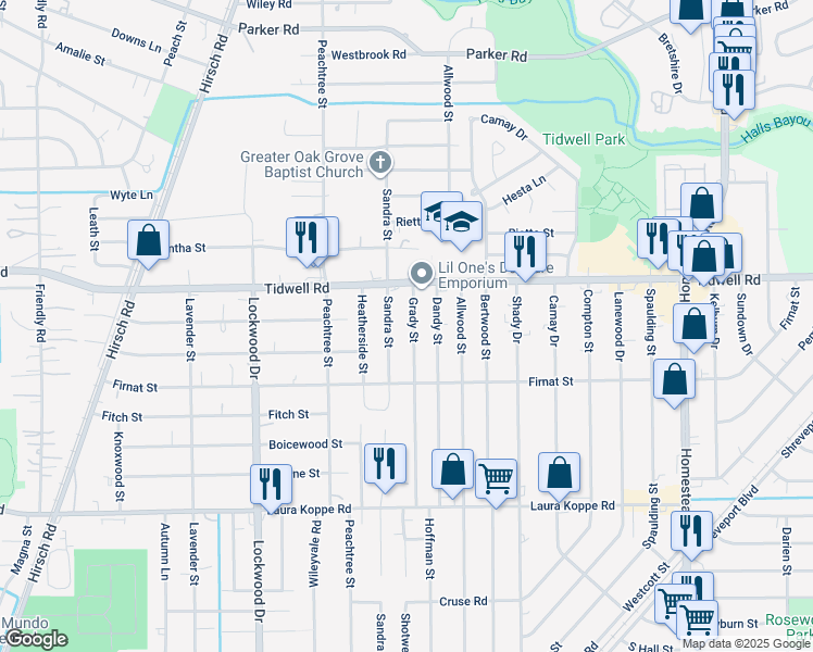 map of restaurants, bars, coffee shops, grocery stores, and more near 9317 Grady Street in Houston
