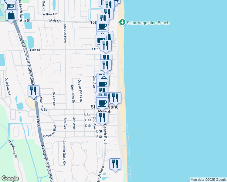 map of restaurants, bars, coffee shops, grocery stores, and more near 4 3rd Street in Saint Augustine