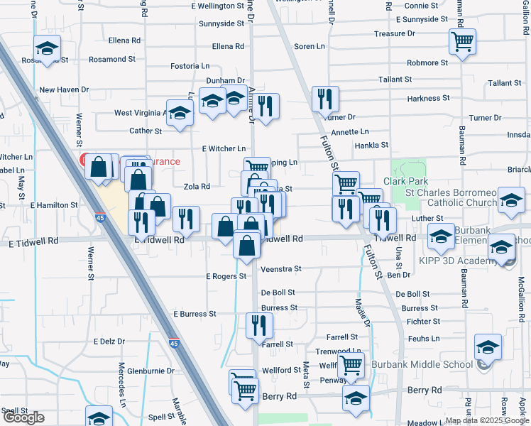 map of restaurants, bars, coffee shops, grocery stores, and more near 19 Tidwell Road in Houston