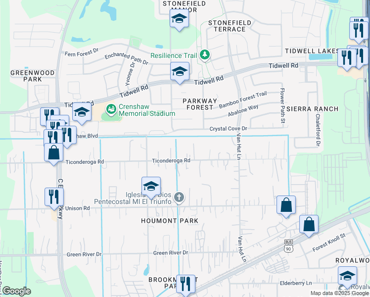 map of restaurants, bars, coffee shops, grocery stores, and more near 12739 Ticonderoga Road in Houston