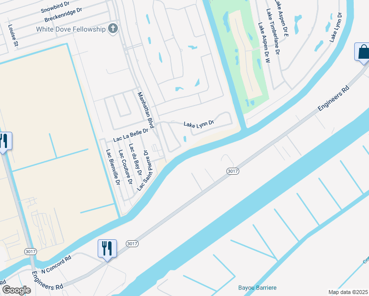 map of restaurants, bars, coffee shops, grocery stores, and more near 3 Lake Bernard Court in Harvey