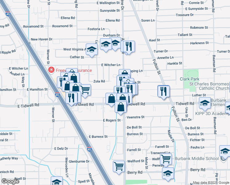 map of restaurants, bars, coffee shops, grocery stores, and more near 5517 Airline Drive in Houston