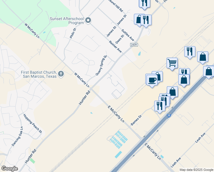 map of restaurants, bars, coffee shops, grocery stores, and more near 2913 Hunter Road in San Marcos