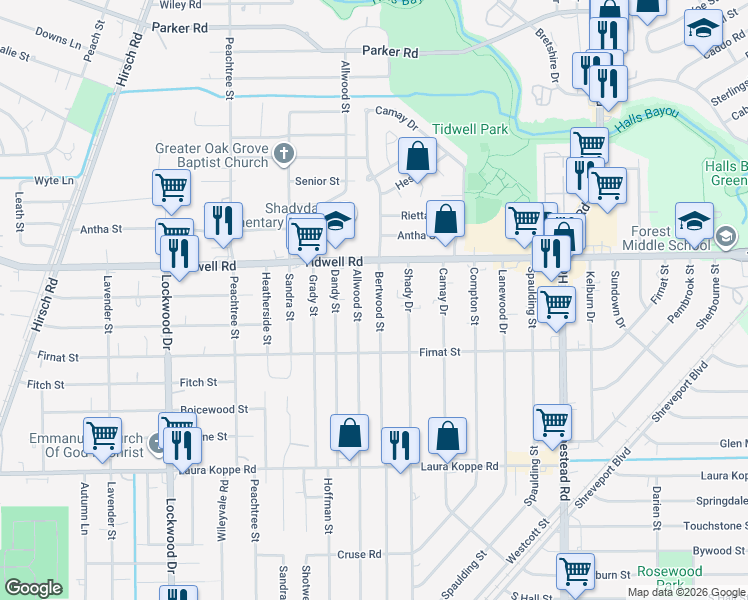 map of restaurants, bars, coffee shops, grocery stores, and more near 9317 Bertwood Street in Houston