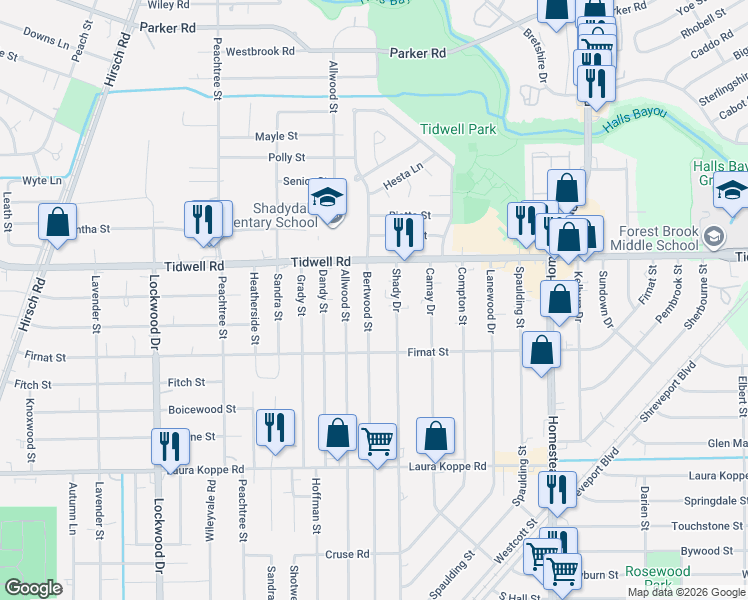 map of restaurants, bars, coffee shops, grocery stores, and more near 9317 Bertwood Street in Houston