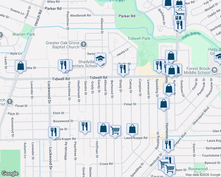 map of restaurants, bars, coffee shops, grocery stores, and more near 9317 Bertwood Street in Houston