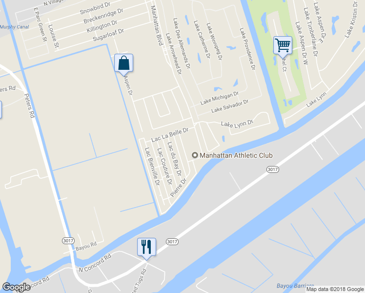 map of restaurants, bars, coffee shops, grocery stores, and more near 4136 Lac St Pierre Drive in Harvey