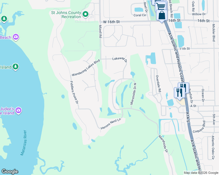 map of restaurants, bars, coffee shops, grocery stores, and more near 247 Marshside Drive in St. Augustine