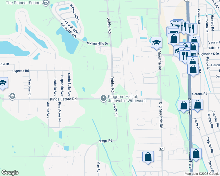 map of restaurants, bars, coffee shops, grocery stores, and more near 2675 Dobbs Road in St. Augustine