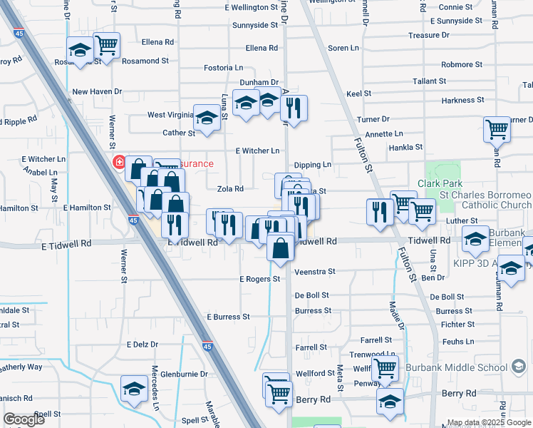 map of restaurants, bars, coffee shops, grocery stores, and more near 5517 Airline Drive in Houston