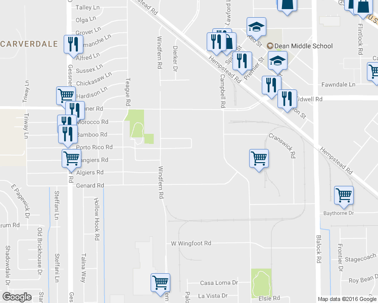 map of restaurants, bars, coffee shops, grocery stores, and more near 9803 Porto Rico Road in Houston