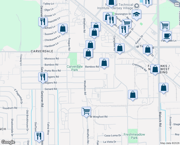 map of restaurants, bars, coffee shops, grocery stores, and more near 9831 Porto Rico Road in Houston