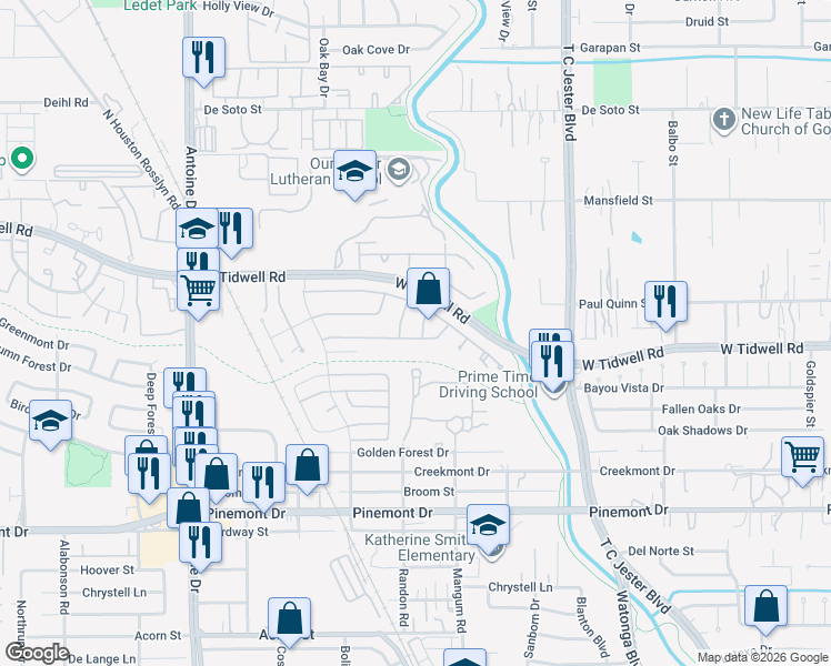 map of restaurants, bars, coffee shops, grocery stores, and more near 5603 Deepcreek Lane in Houston