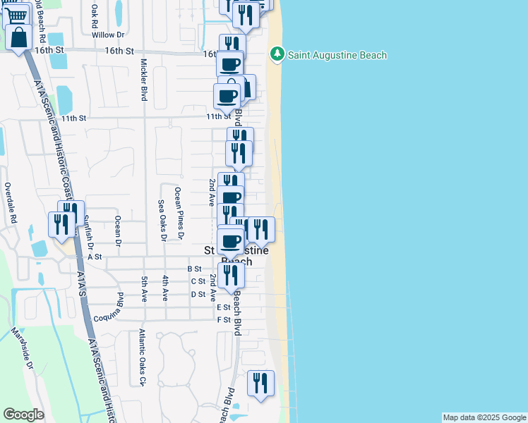 map of restaurants, bars, coffee shops, grocery stores, and more near 2 1/2 3rd Street in St. Augustine