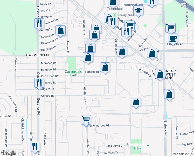map of restaurants, bars, coffee shops, grocery stores, and more near 9803 Porto Rico Road in Houston