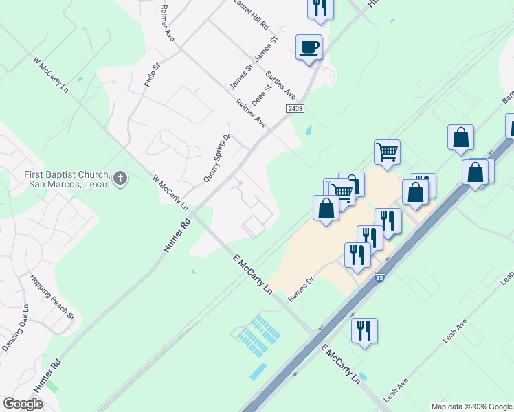 map of restaurants, bars, coffee shops, grocery stores, and more near 2913 Hunter Road in San Marcos