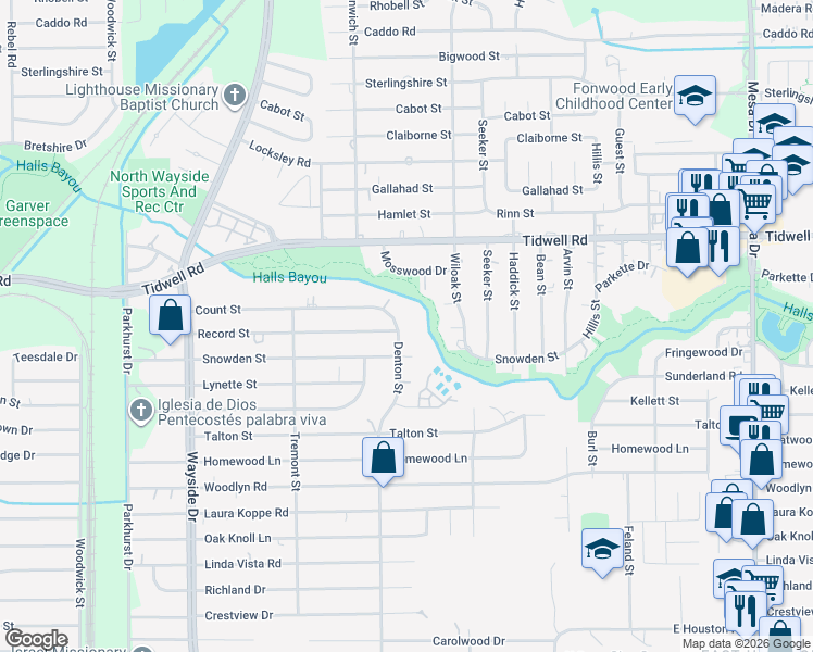 map of restaurants, bars, coffee shops, grocery stores, and more near 9226 Denton Street in Houston