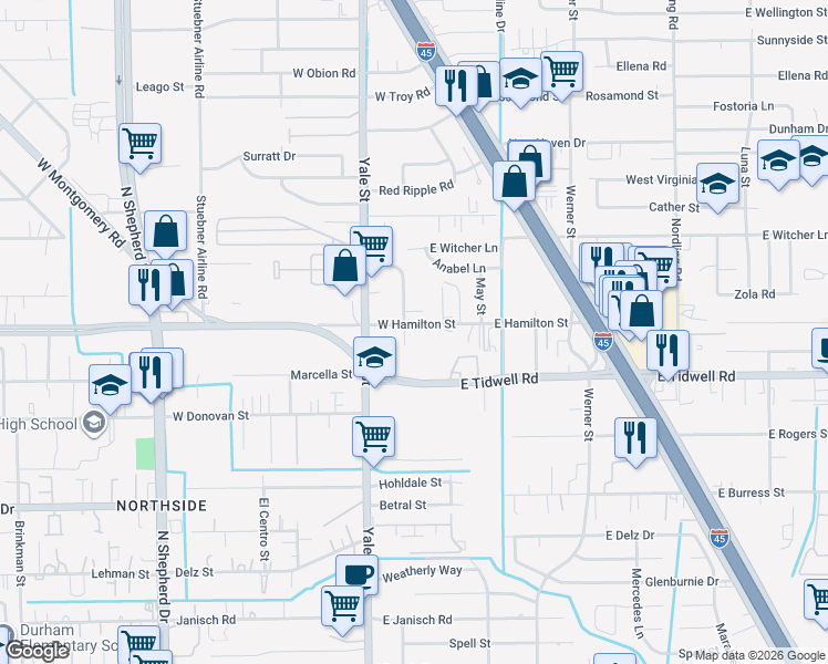 map of restaurants, bars, coffee shops, grocery stores, and more near 209 West Hamilton Street in Houston