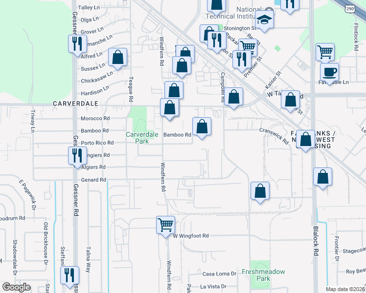 map of restaurants, bars, coffee shops, grocery stores, and more near 9803 Porto Rico Road in Houston
