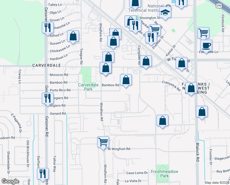 map of restaurants, bars, coffee shops, grocery stores, and more near 9803 Porto Rico Road in Houston