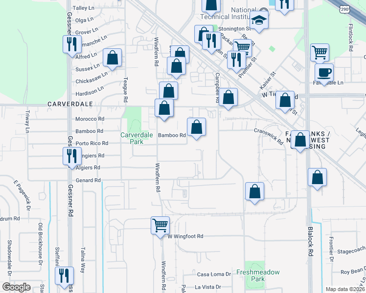 map of restaurants, bars, coffee shops, grocery stores, and more near 9803 Porto Rico Road in Houston