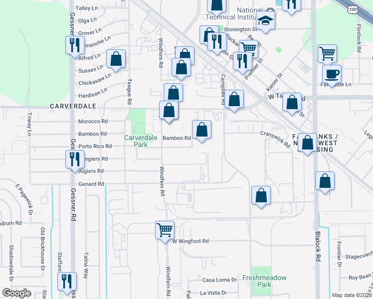 map of restaurants, bars, coffee shops, grocery stores, and more near 9803 Porto Rico Road in Houston