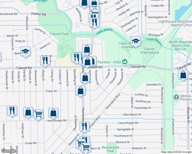 map of restaurants, bars, coffee shops, grocery stores, and more near 9320 Sundown Drive in Houston
