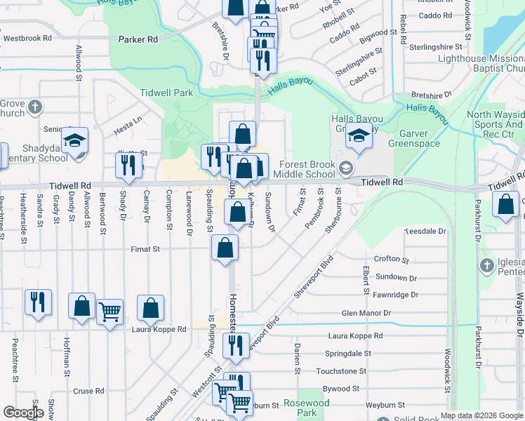 map of restaurants, bars, coffee shops, grocery stores, and more near 9320 Sundown Drive in Houston