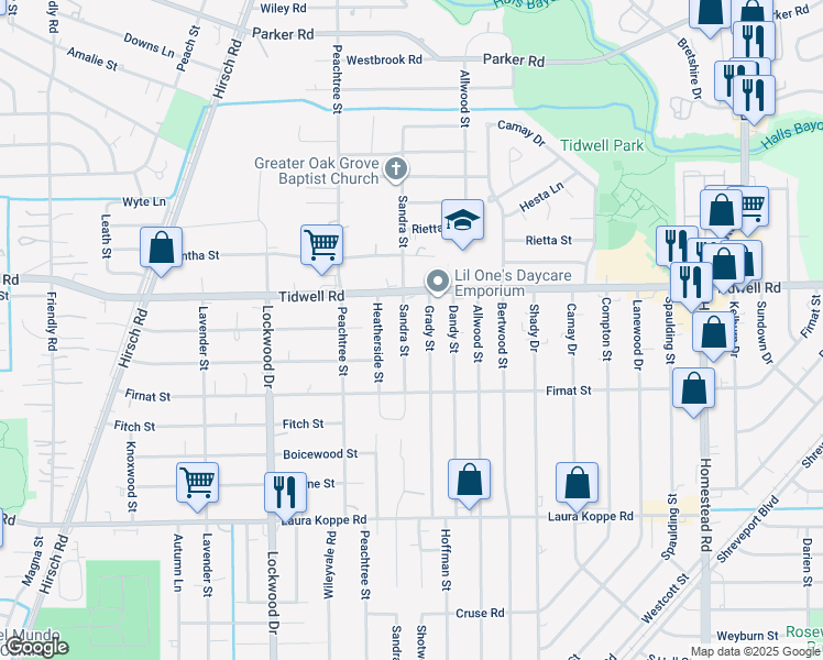 map of restaurants, bars, coffee shops, grocery stores, and more near 9317 Grady Street in Houston