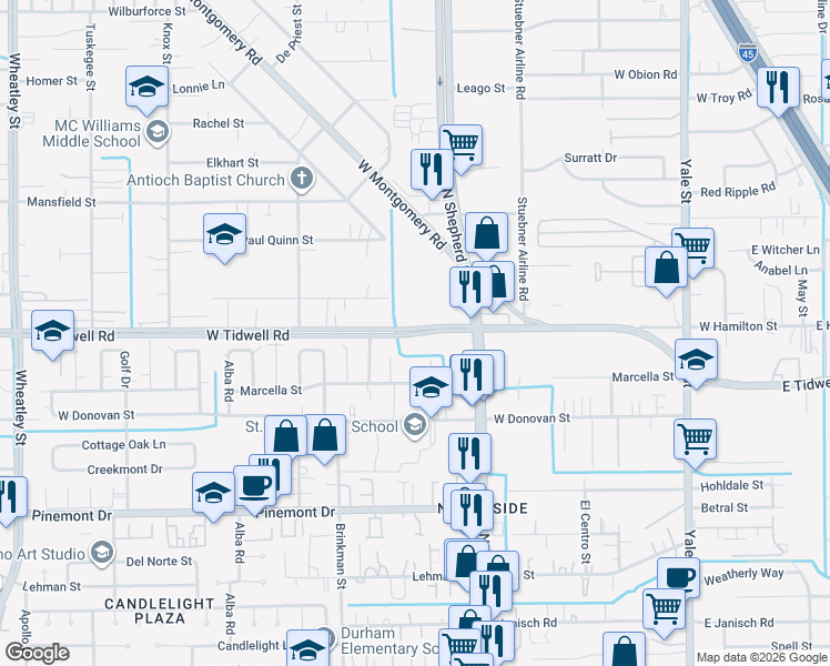 map of restaurants, bars, coffee shops, grocery stores, and more near 735 West Tidwell Road in Houston