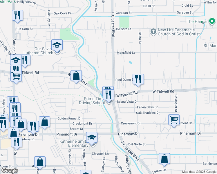 map of restaurants, bars, coffee shops, grocery stores, and more near 2800 Paul Quinn Street in Houston