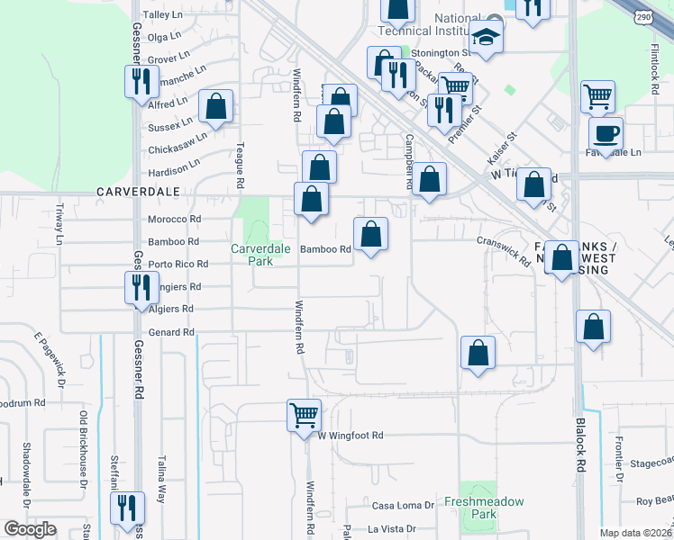 map of restaurants, bars, coffee shops, grocery stores, and more near 9803 Porto Rico Road in Houston