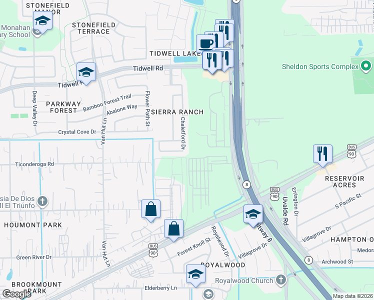 map of restaurants, bars, coffee shops, grocery stores, and more near 8506 Chaletford Drive in Houston